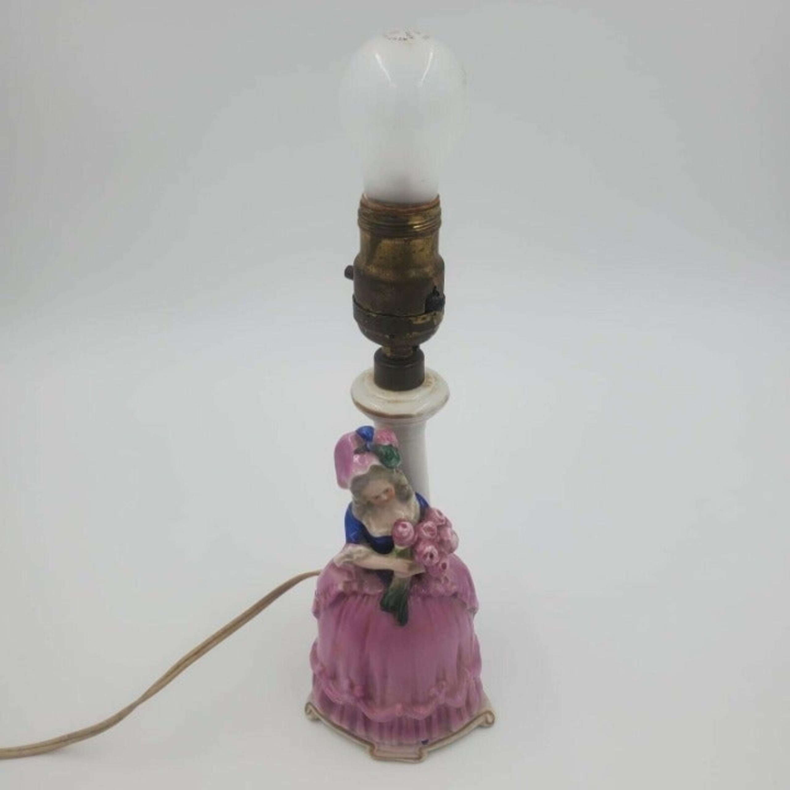 Vintage Porcelain Figural Lamp Colonial Woman Holding Pink Roses 5293 Germany