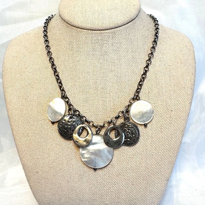 VTG Silpada Oxidized Sterling Silver 925 Mother of Pearl Disc Necklace 16-18''