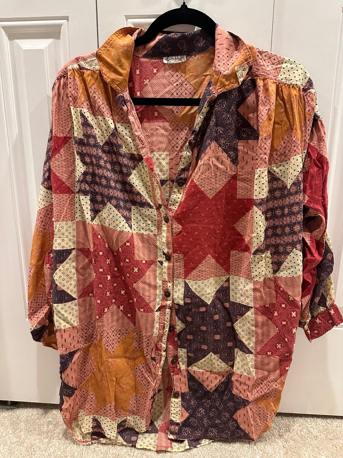 Free People Intimately Patchwork Star Blouse Top Button Tunic Artsy Boho Size XS