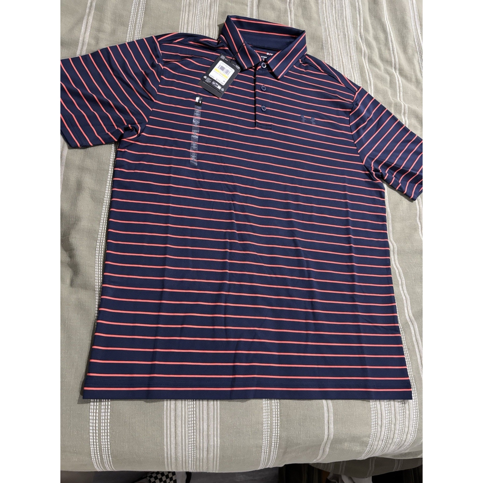 Under Armour The Playoff Polo Golf Shirt Men’s M Navy Pink Stripes NWT MSRP $70