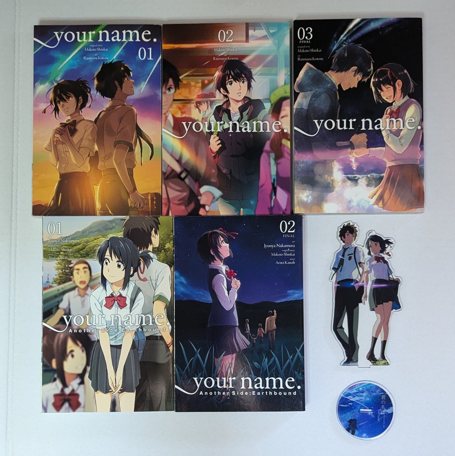 Your Name Manga Vol 1-3 + Another Side: Earthbound Manga Vol 1-2 + Acrylic Stand
