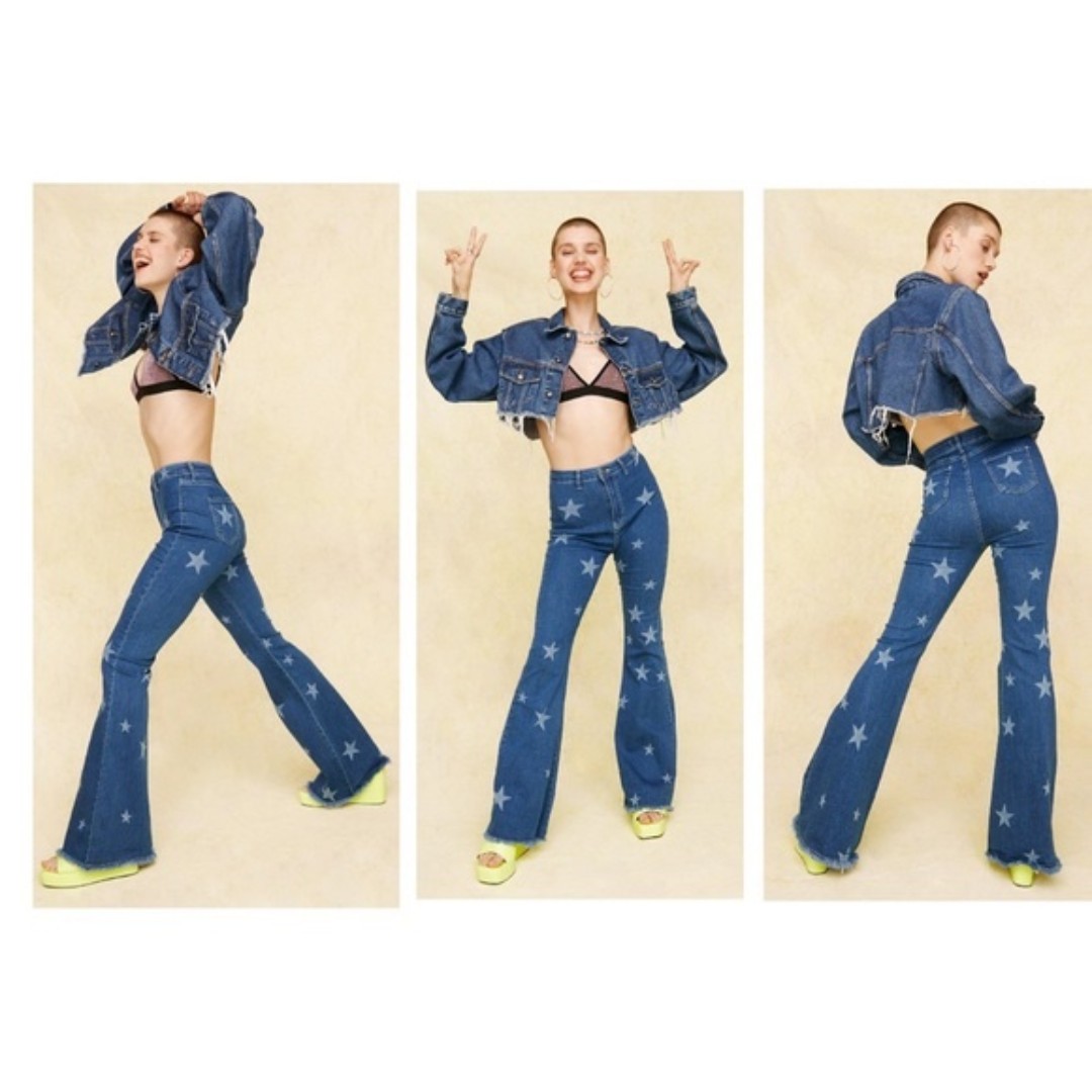 NASTY GAL High Waisted Star Print Flare Jeans RETRO Vintage Patriotic SZ 8 Blue