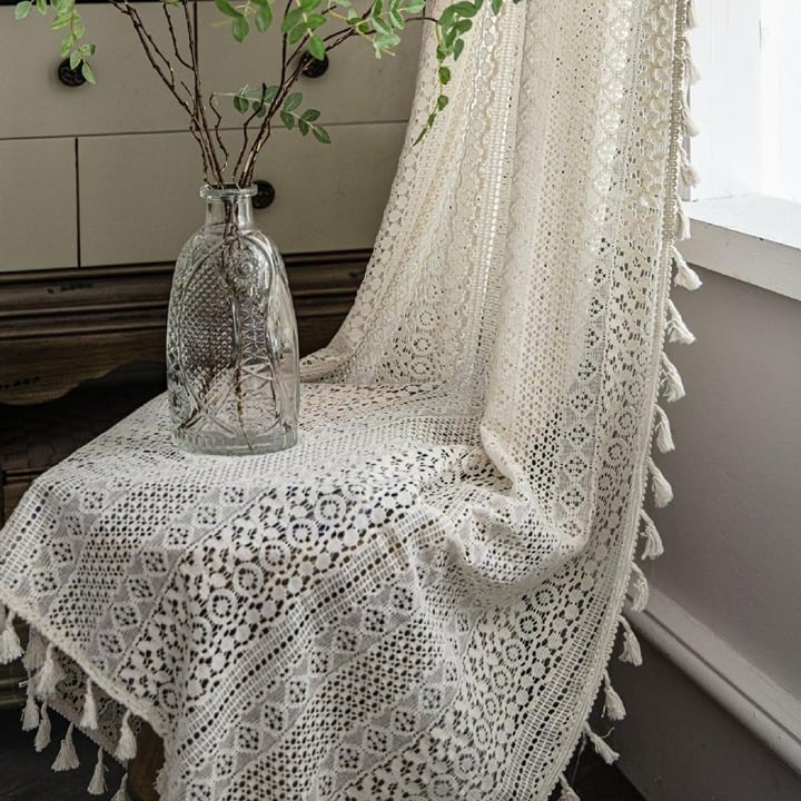 Farmhouse Crocheted Curtains Vintage Geometric Lace Drapes 63 inch Length 2 Pane