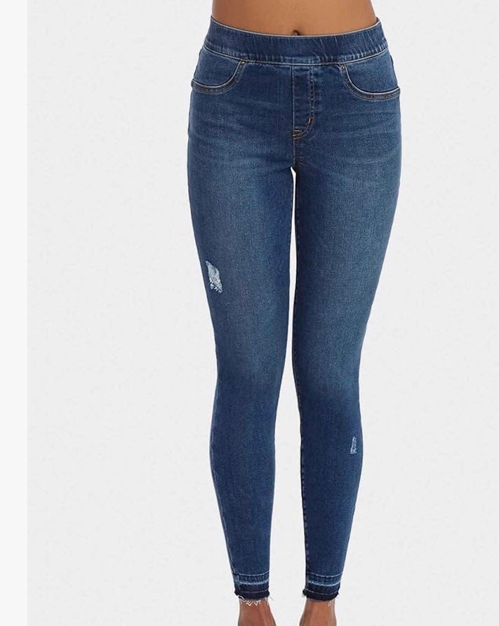 SPANX Women's distressed denim legging in medium blue wash style 20203R size S