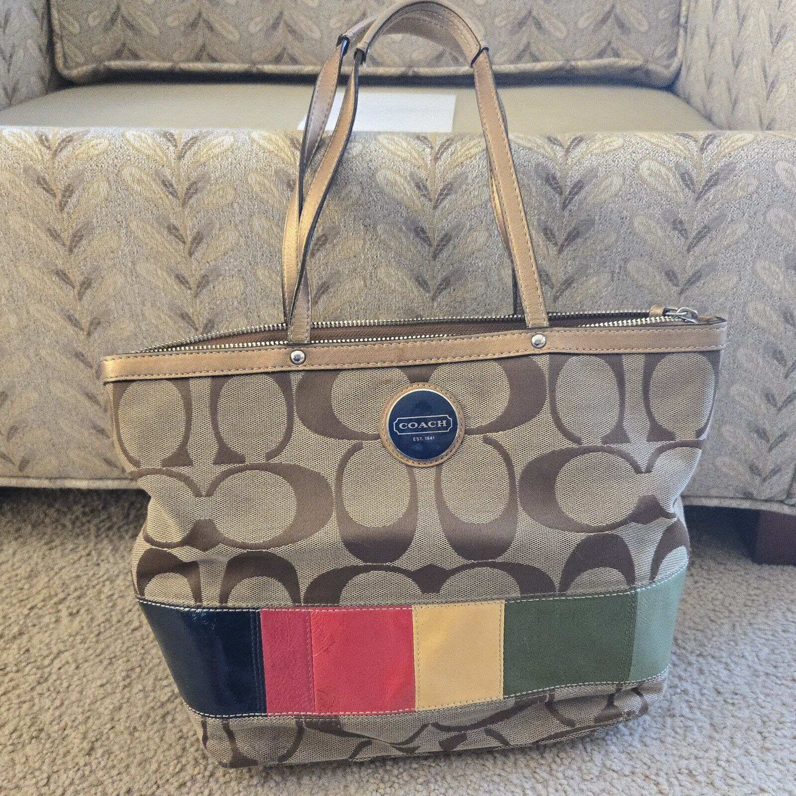 COACH Purse Handbag Signature Canvas Leather Color Block Authen - A+ Condition