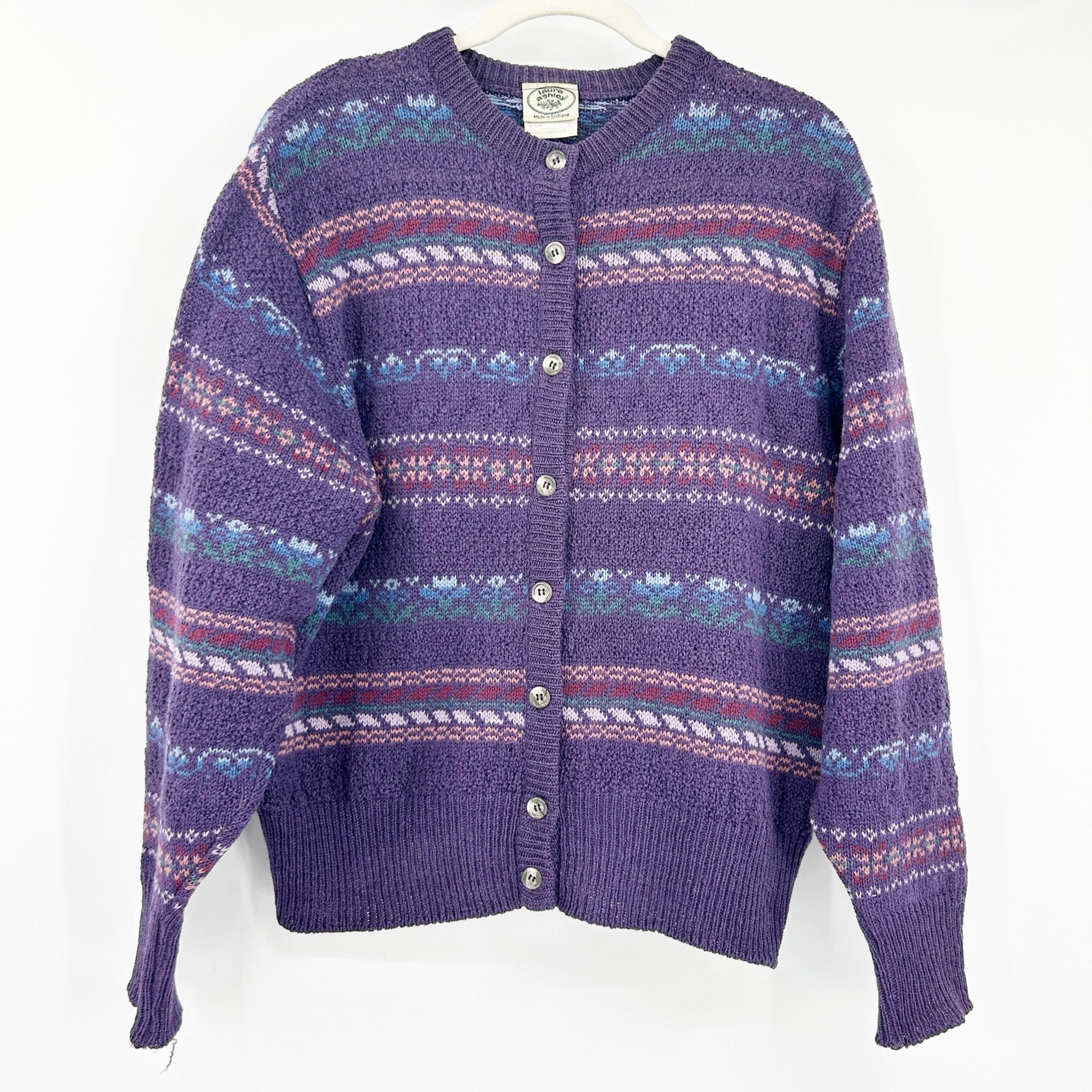 Laura Ashley Womens VTG Fair Isle Knit 100% Scottish Wool Cardigan Sweater M/L