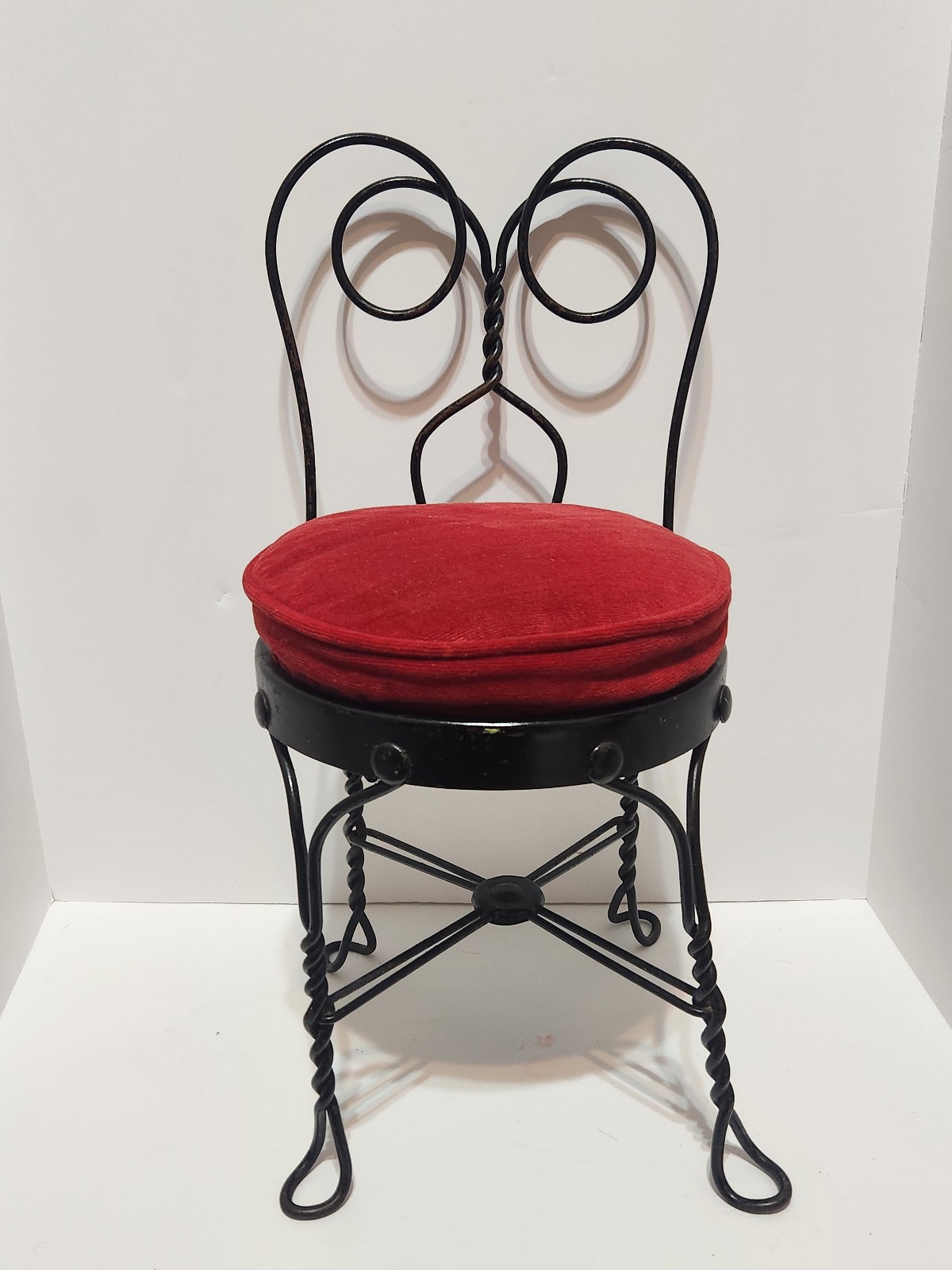 Antique Child’s Ice Cream Parlor Chair Velvet Seat Twisted Bronze Metal Rare-24