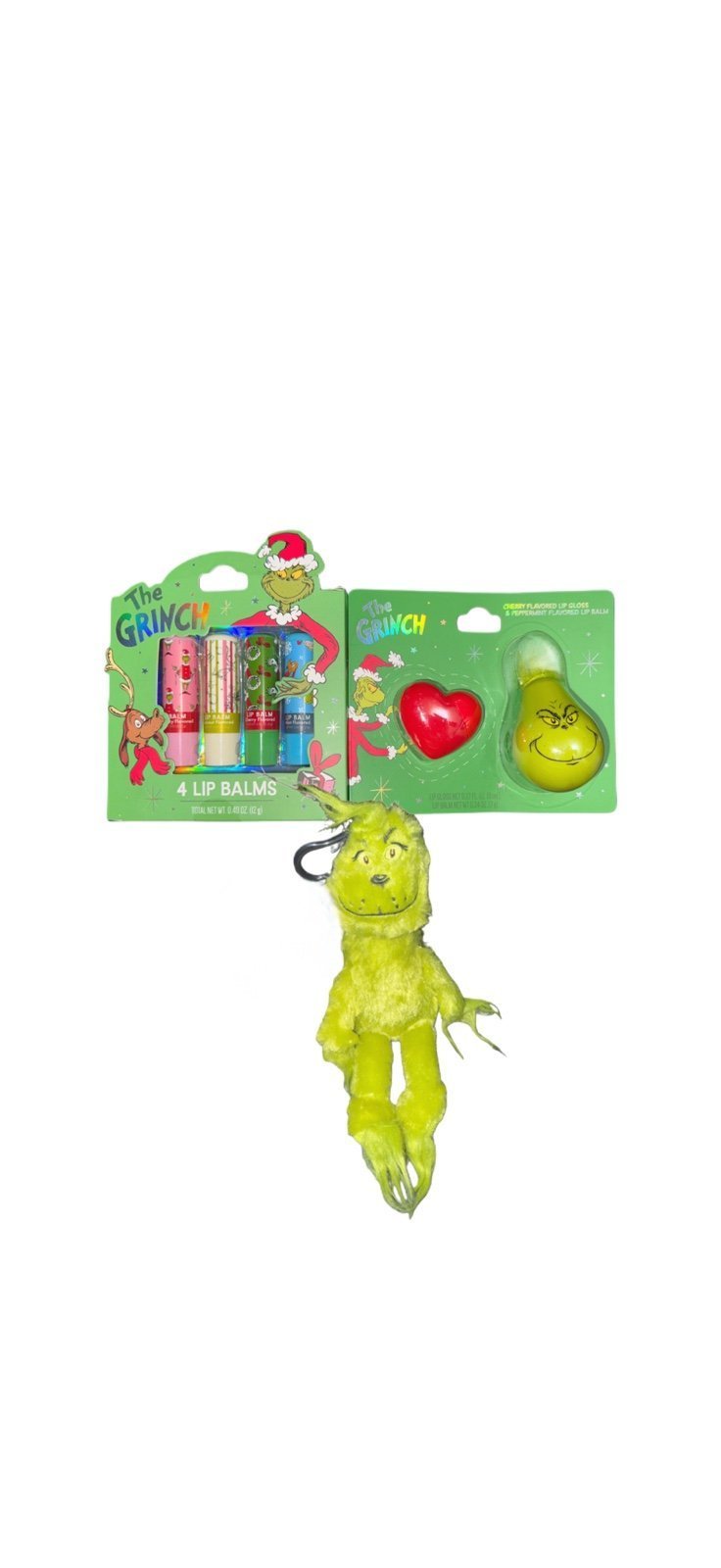 The Grinch Lip Balm & Lip Gloss Set With a Grinch XSmall Plush w/ Zipper Bag NEW