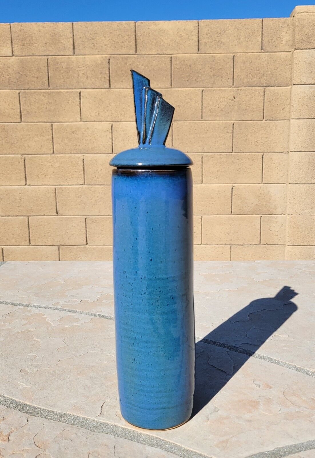 Studio Art Pottery Covered 16 Cylinder Vase Blue Black Glaze Artist Signed