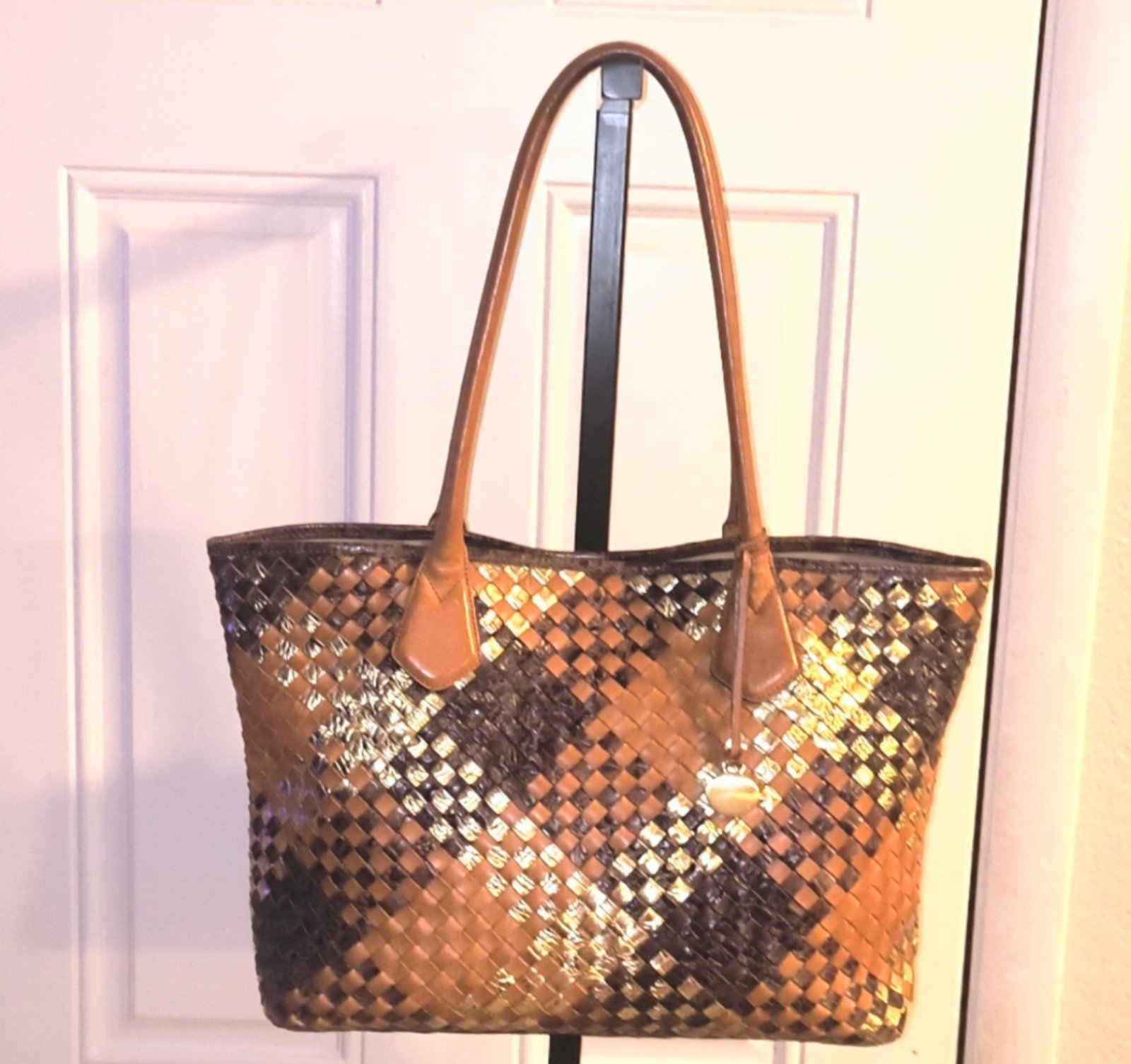 Brahmin Brown Woven Croc-Embossed Leather Tote