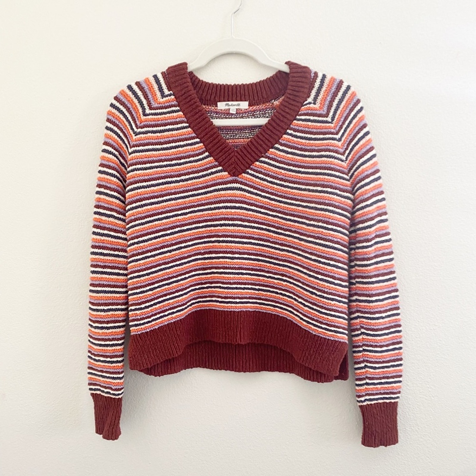 madewell Arden V-Neck Crop Pullover Sweater in Stripe xxs