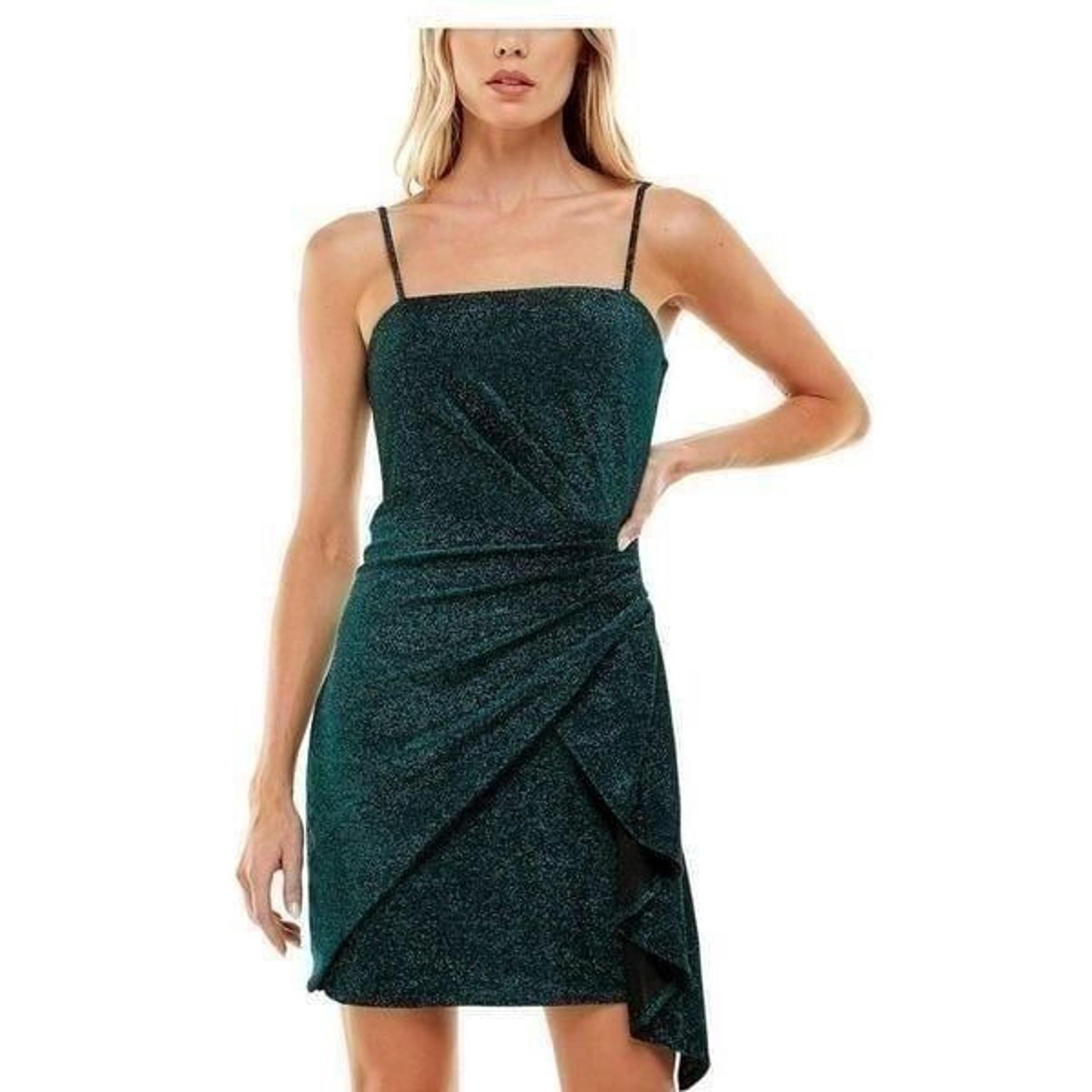 Trixxi Juniors Womens Metallic Gathered Mini Dress  Hunter Green Above Knee Sz L