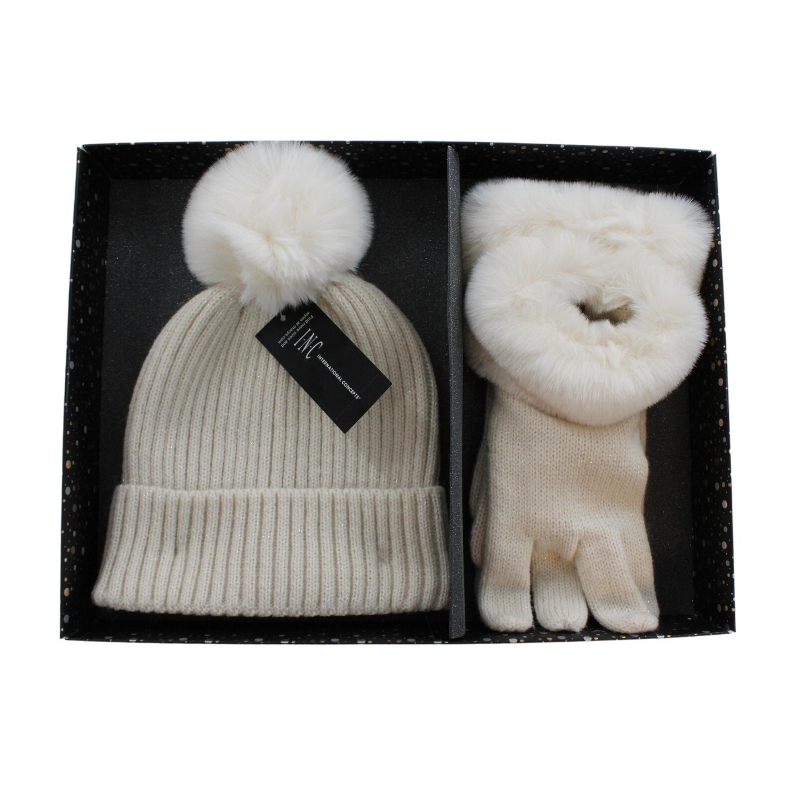 INC International Concepts Faux Fur Ivory Beanie Hat & Gloves Gift Set #GS002