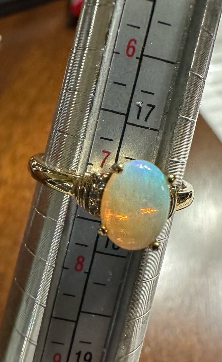 10 K yellow gold, fiery opal diamond ring, size 7