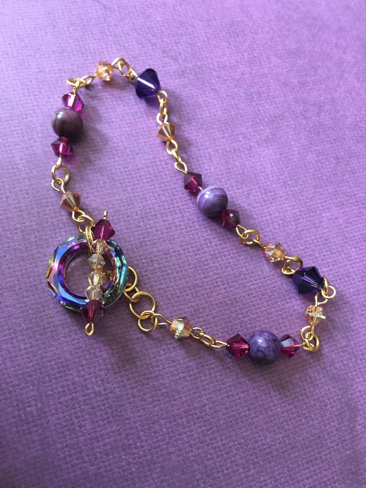 Plum Fuchsia Swarovski Crystal Beaded Toggle Bracelet Gold Filled with Gemstone