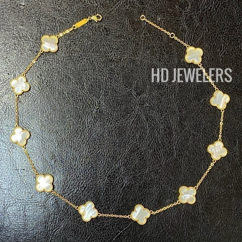 10 Mother Of Pearl Motif Clover Gold Necklace