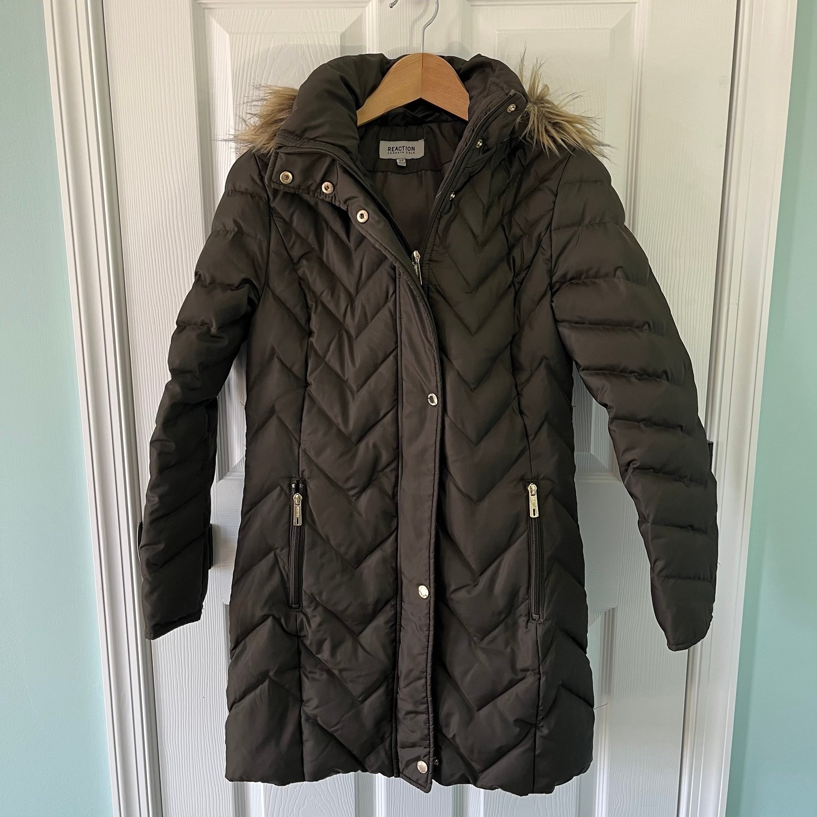 Reaction Kenneth Cole Hooded Down Longline Puffer Jacket Coat Faux Fur Size XS