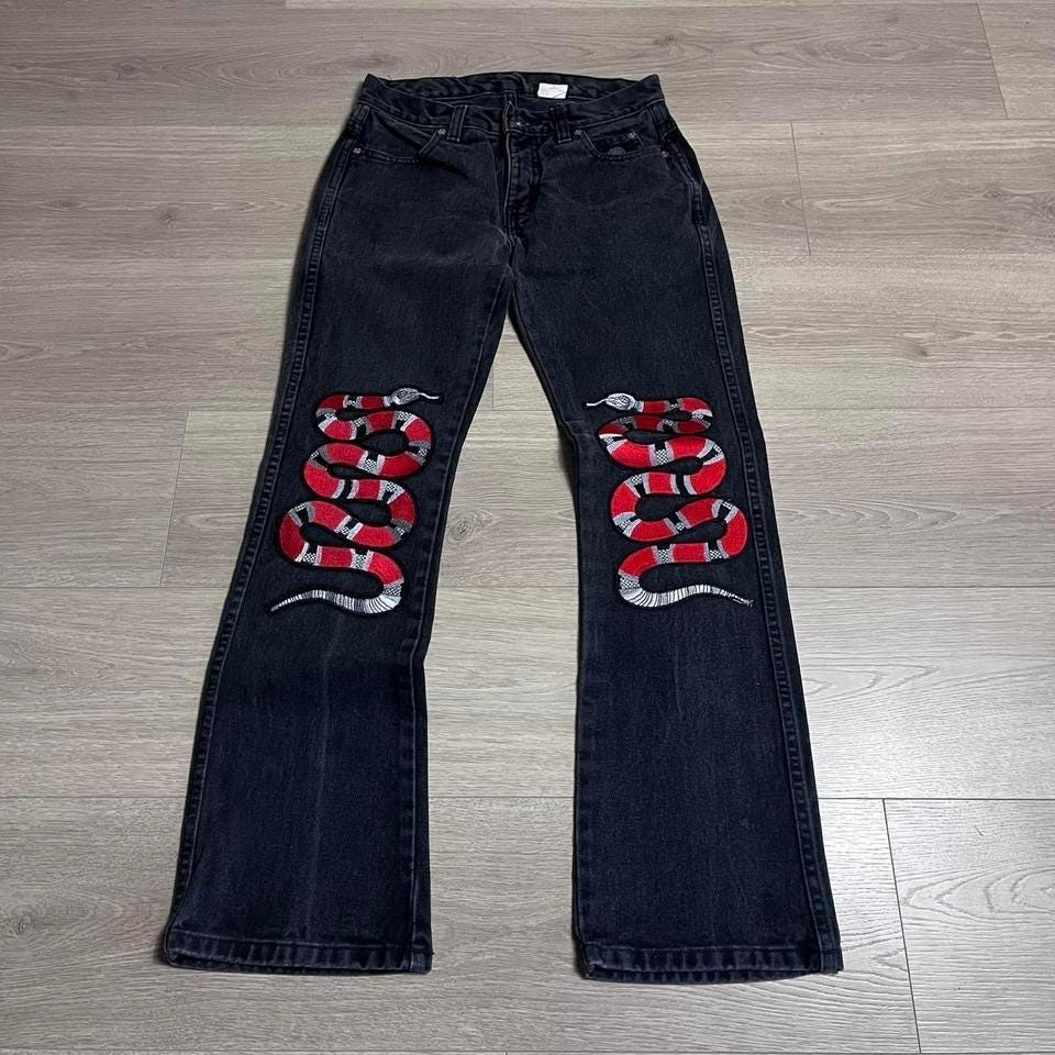 Vintage 90s Harley Davidson Snake Embroidered Bootcut Faded Black Denim Jeans