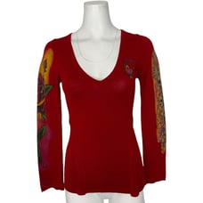 Ed Hardy Graphic V-Neck Sweater S Red Long Sleeve Tattoo Y2K Skull Floral Goth