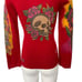 Ed Hardy Graphic V-Neck Sweater S Red Long Sleeve Tattoo Y2K Skull Floral Goth