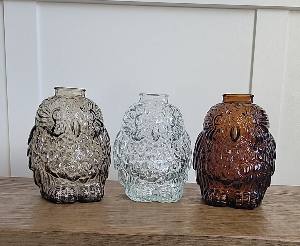 Vintage 1950's Wise Old Owl Glass Coin Banks X 3 Gray, Clear/blue, Amber Brown