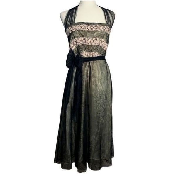 Vintage 90s Laundry Tulle Halter Dress 12 Black Embroidered Lined Tie Waist Zip