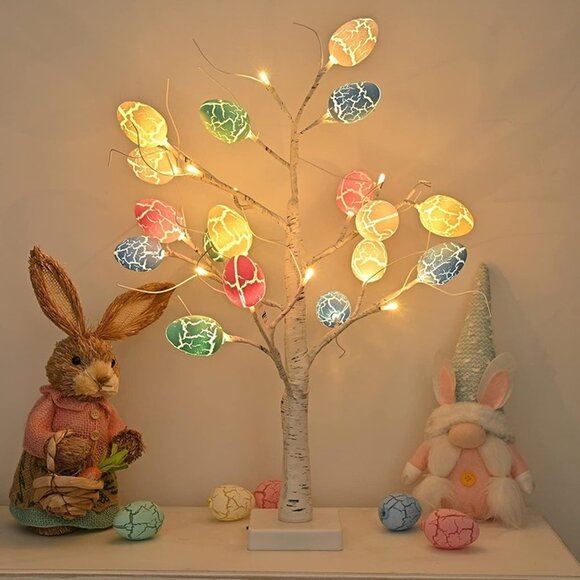 NEW 24pcs 24 inch Pre-lit White Birch Tree with Easter Egg Ornaments