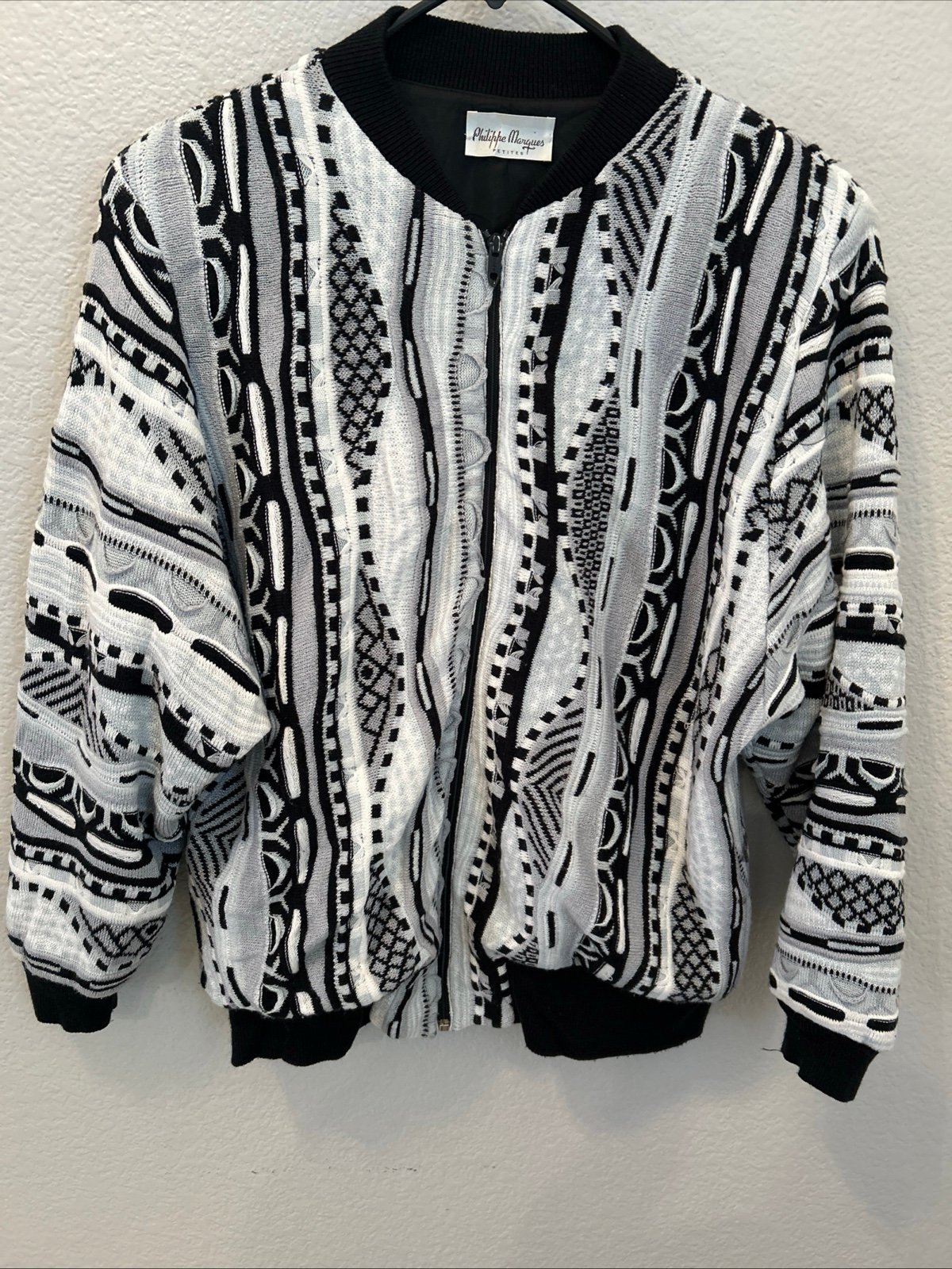 Vintage Philippe Marques 3D Knit Design Raised Zip Up Sweater Jacket Bomber Med