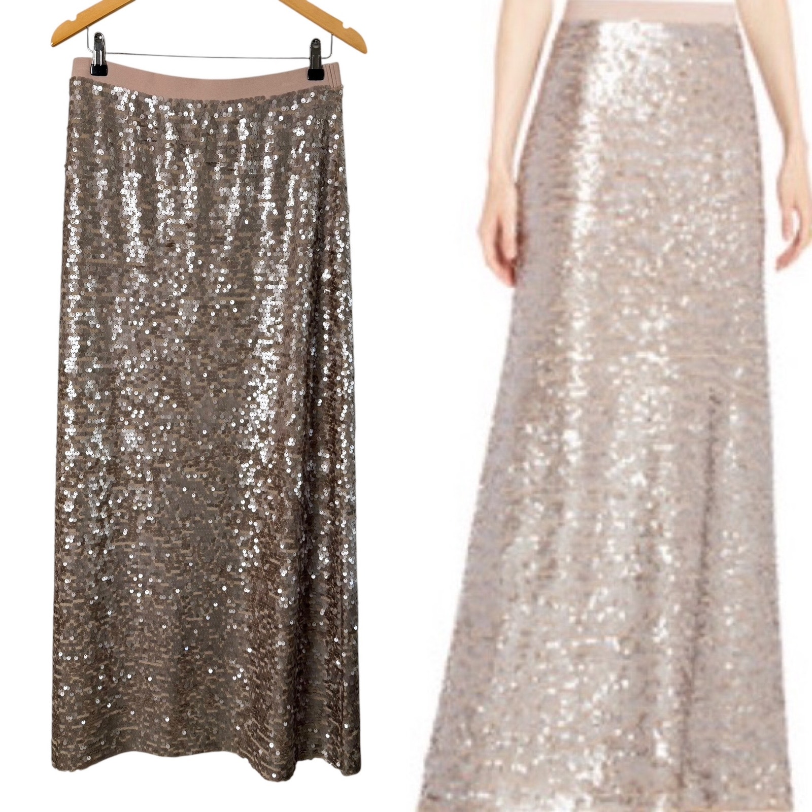 BCBGMAXAZRIA Rose Gold Sequin Maxi Skirt Fully Lined Champagne Neutral, Large
