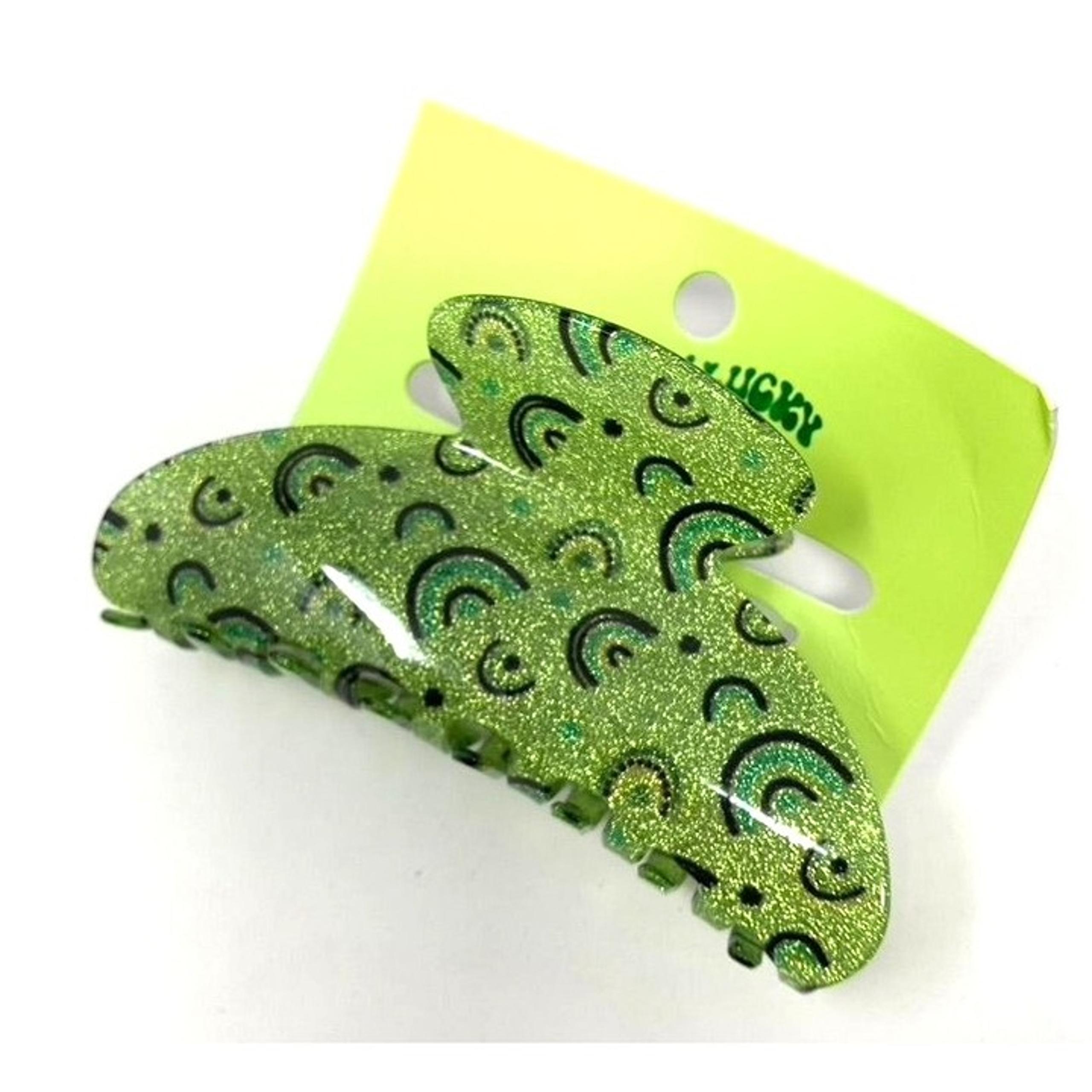 St. Patrick's Day Feelin' Lucky Jumbo Glitter Rainbow Print Claw Hair Clip Green