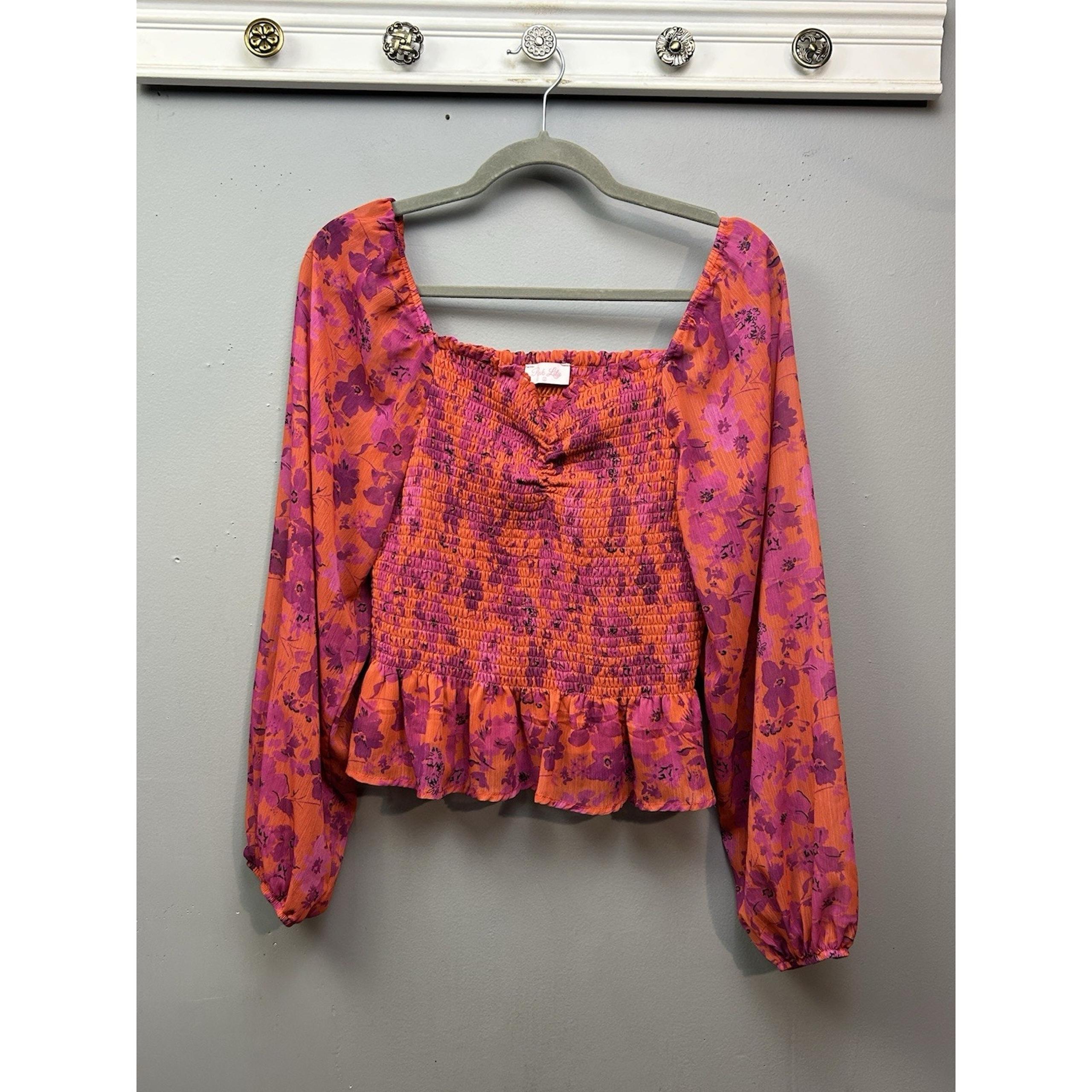 Pink Lily Blouse Womens Large Pink Smocked Floral Sheer Sleeves Ruffles Festival