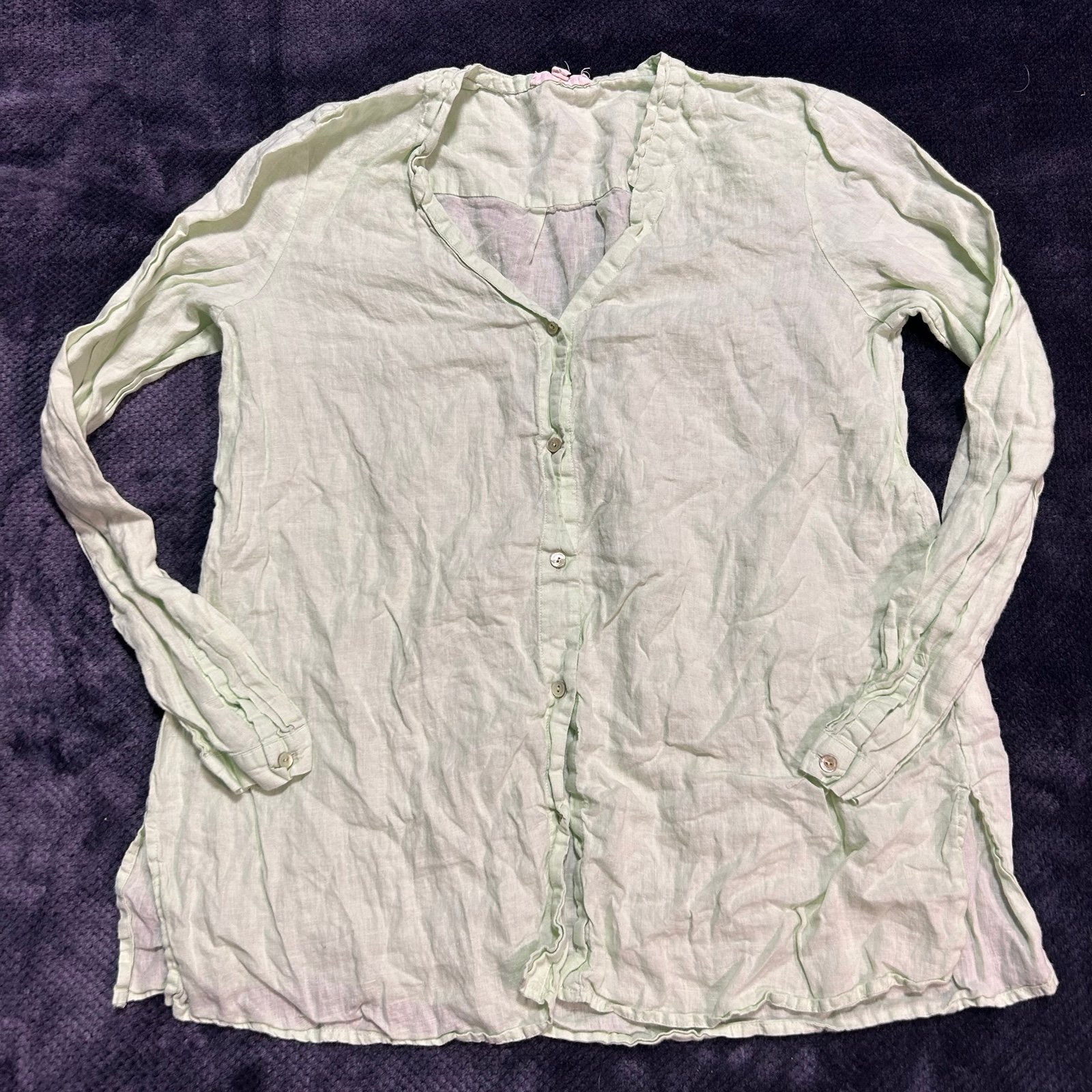 Eileen Fisher 100% Irish Linen Long Sleeve Button-Down Blouse Size Medium Green