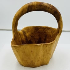 Hand Carved Burlwood Handled Basket Rustic Folk Art 8.5 x 7 x 9.5