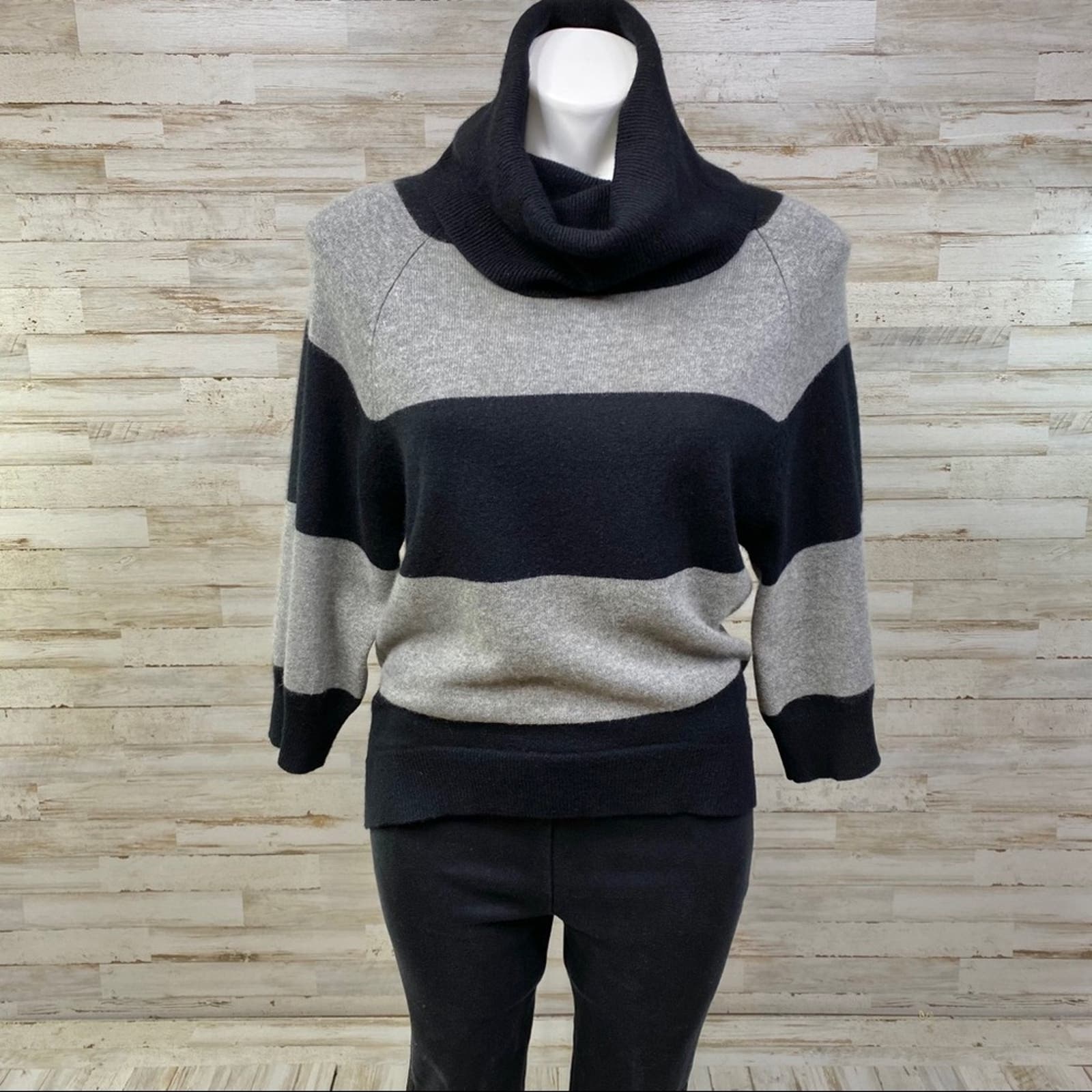 Pure Amici Cashmere Cowl Neck Sweater Womens Size XS Black & Gray Stripe