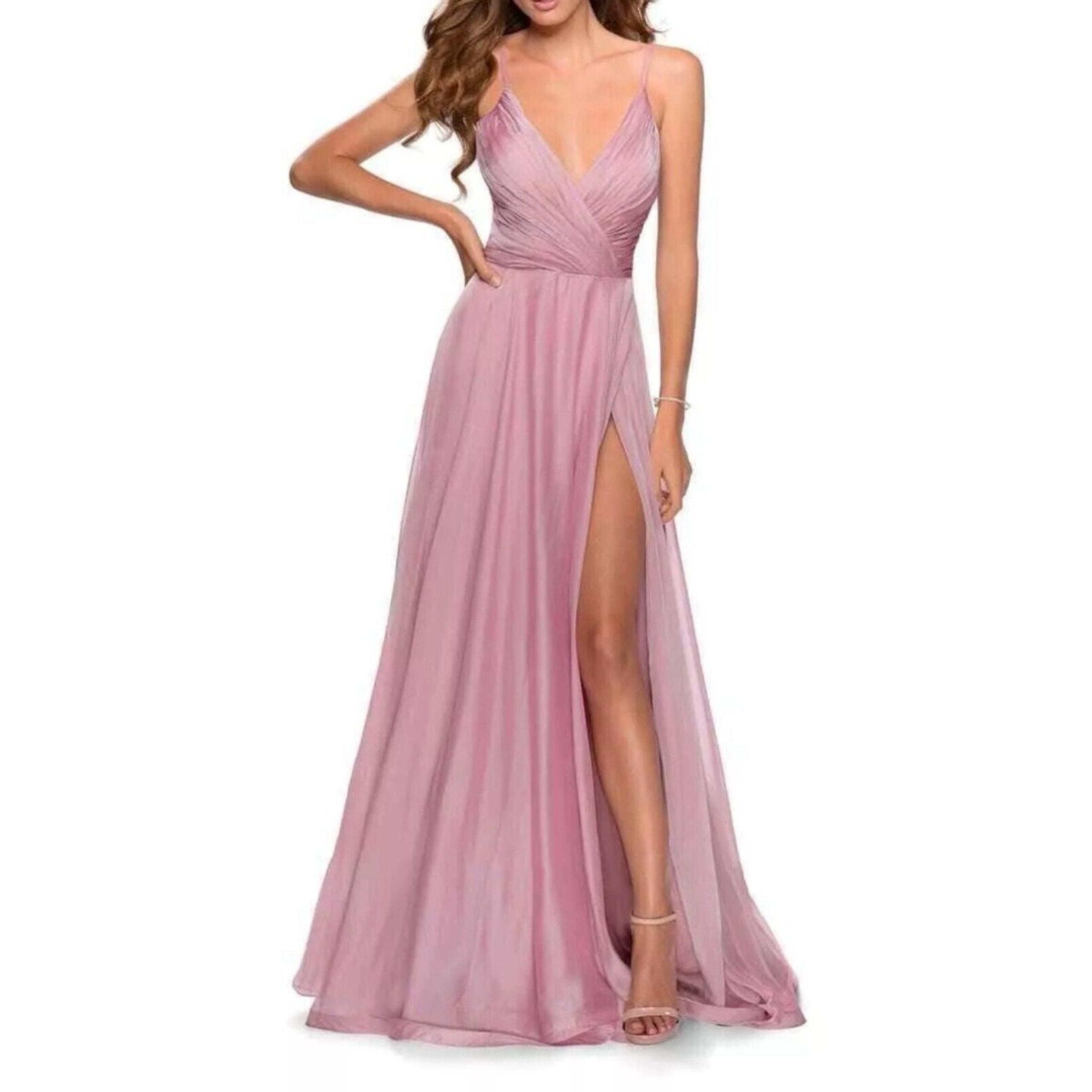 NWOT La Femme Womens Chiffon Ballgown SZ 4 Slit Pleated Bodice Thigh Slit Mauve