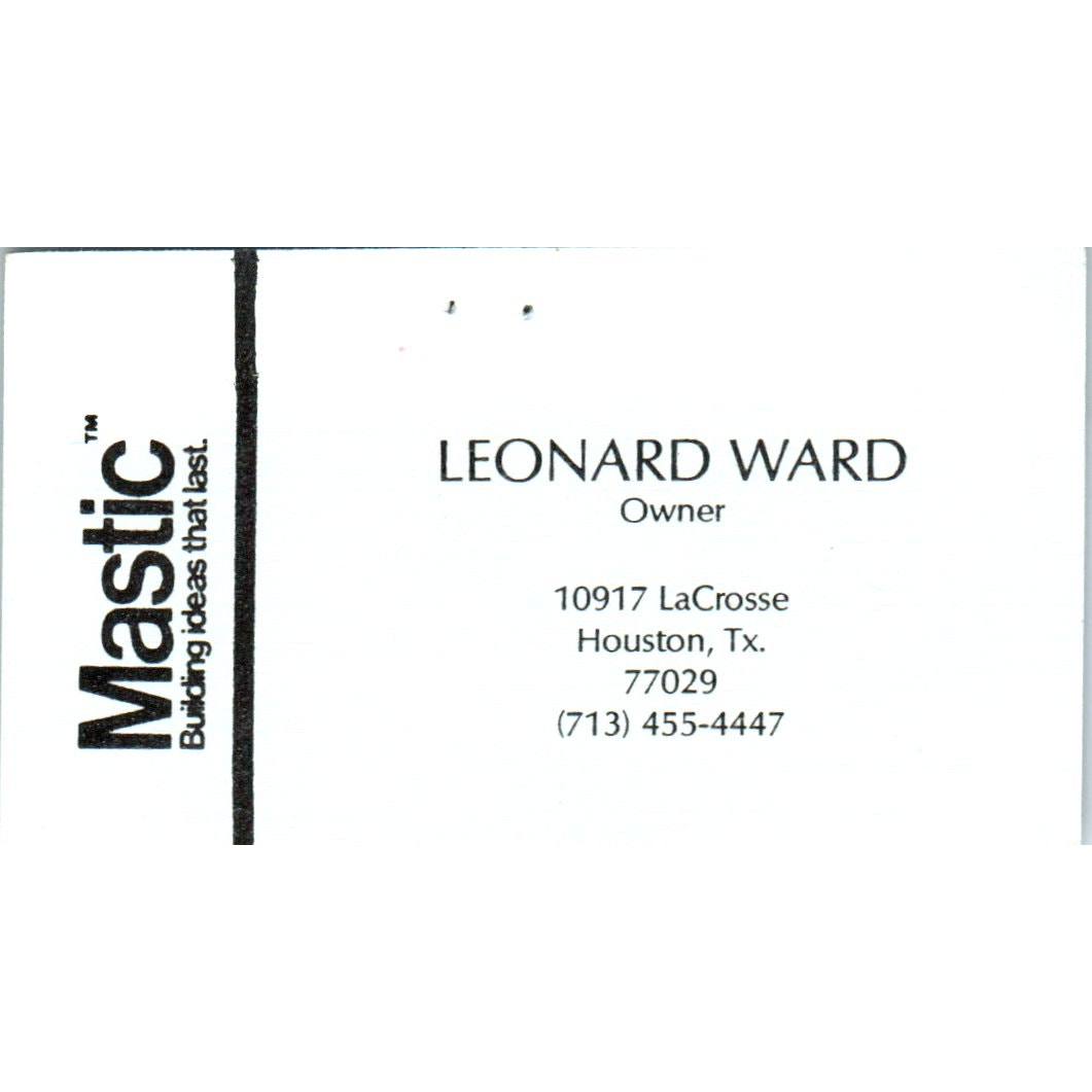 Leonard Ward Mastic Building Houston TX Vintage Business Card SD8-B3