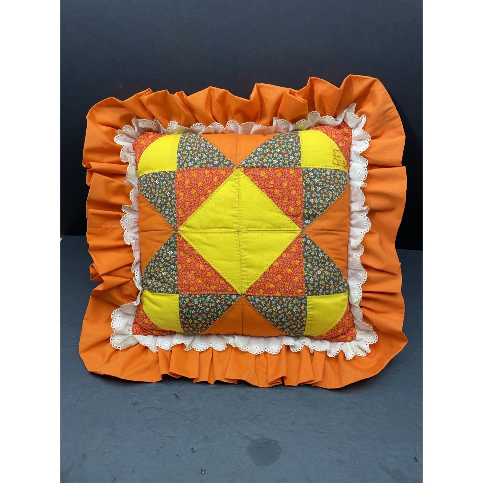 Vintage 70s Quilted Throw Pillow –Patchwork Ruffle Eyelet Trim Kitschy MCM 17x17