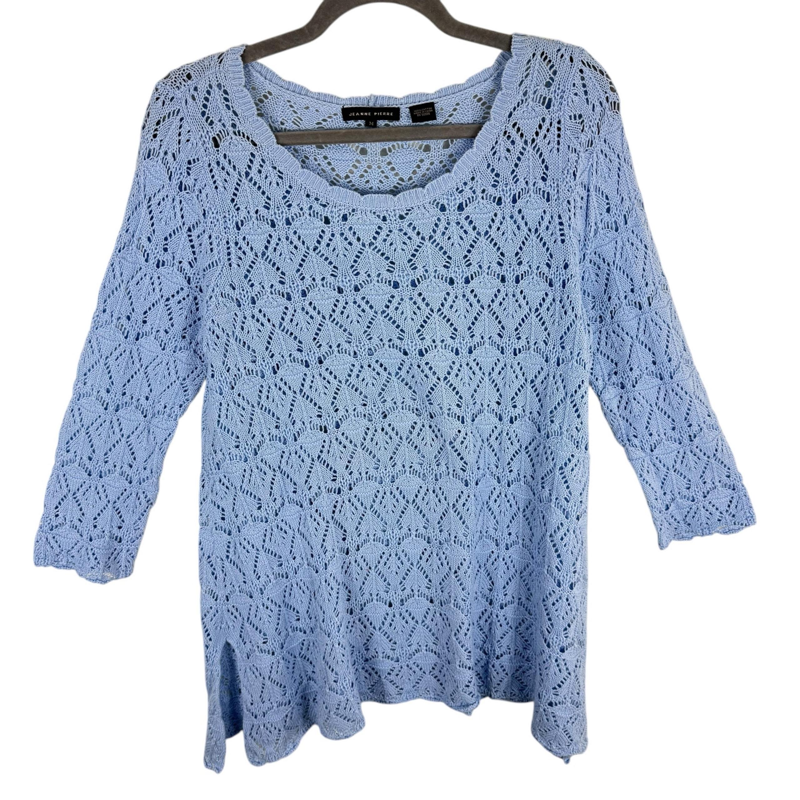 Jeanne Pierre 100% Cotton Sky Blue 3/4 Sleeve Round Neck Open Knit Sweater Sz M