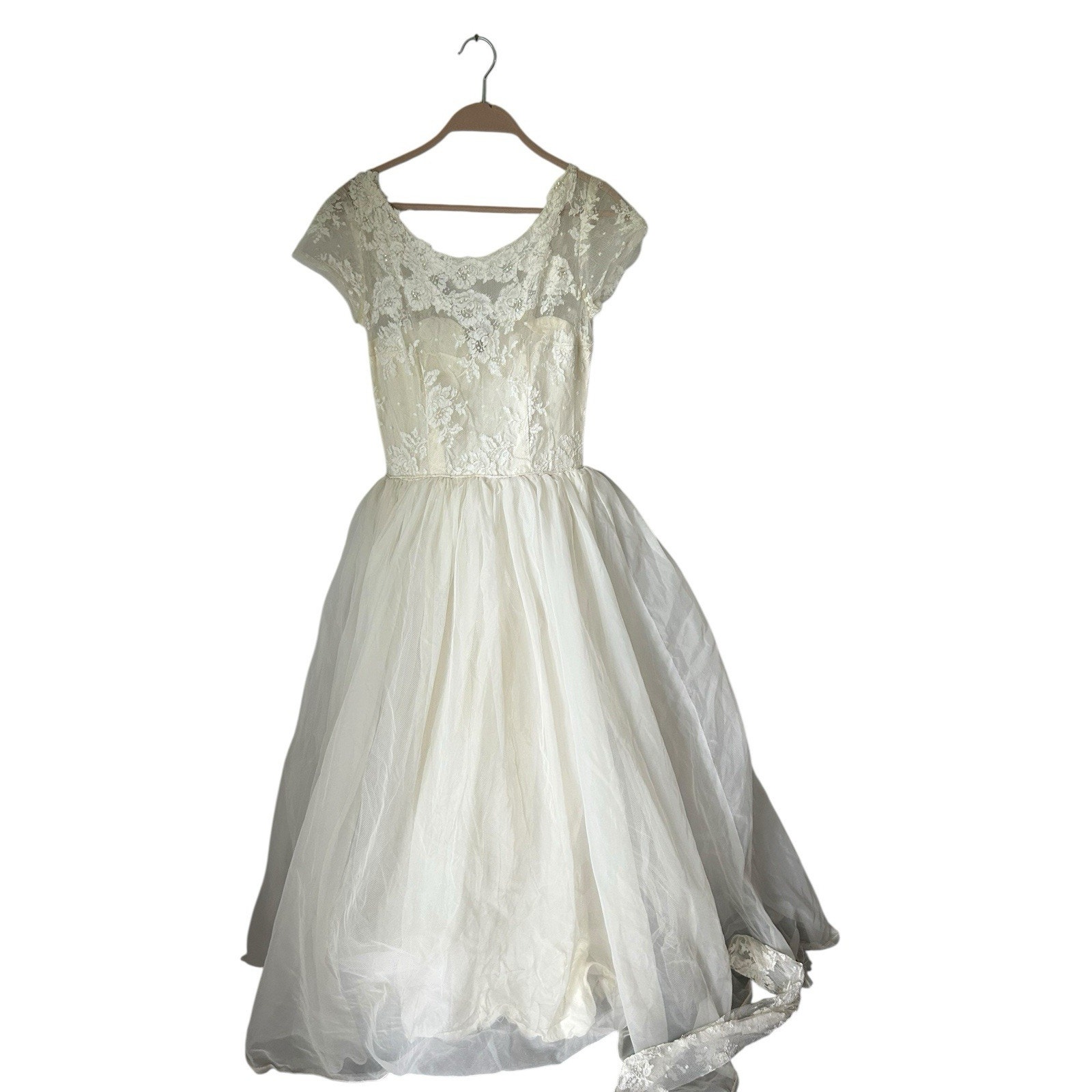 Vintage 50's Tea Length Lace Wedding Dress Gown Tulle Skirt handmade