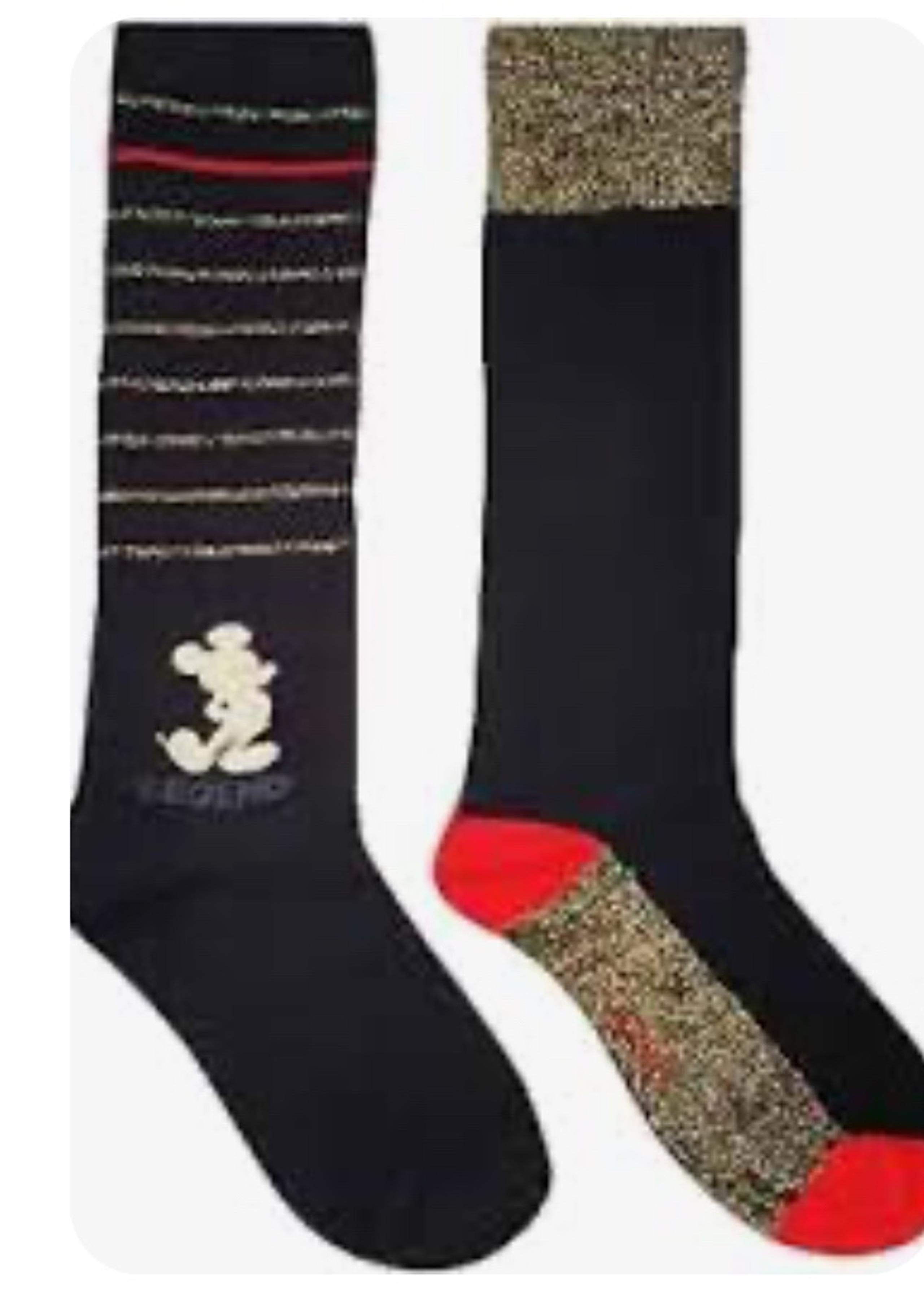 2 PAIR Disney Women Knee High Socks Black Red Mickey Glitter  4-10 90 Years