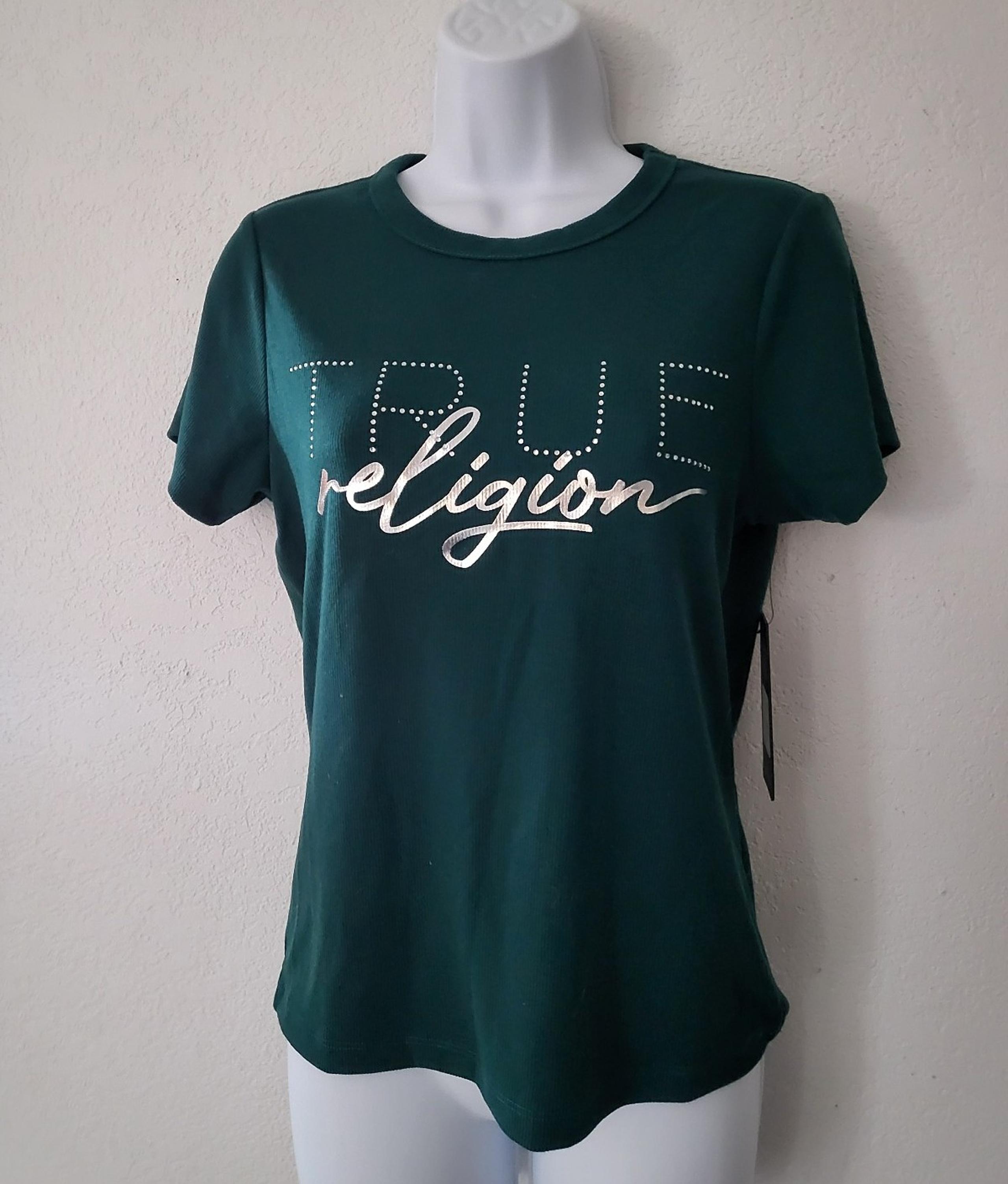TRUE RELIGION t-shirt Rhinestone Logo womens Size M green