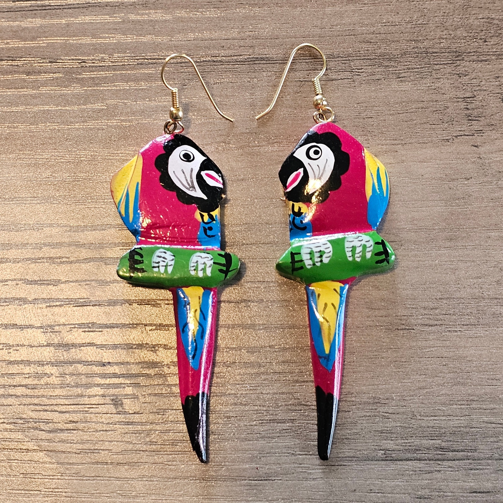 Vintage Red Wooden Tropical Parrot Dangle Earrings