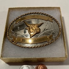 Vintage Metal Belt Buckle, Silver and Brass, Bull, Steer, Cow, Cattle, Nice West