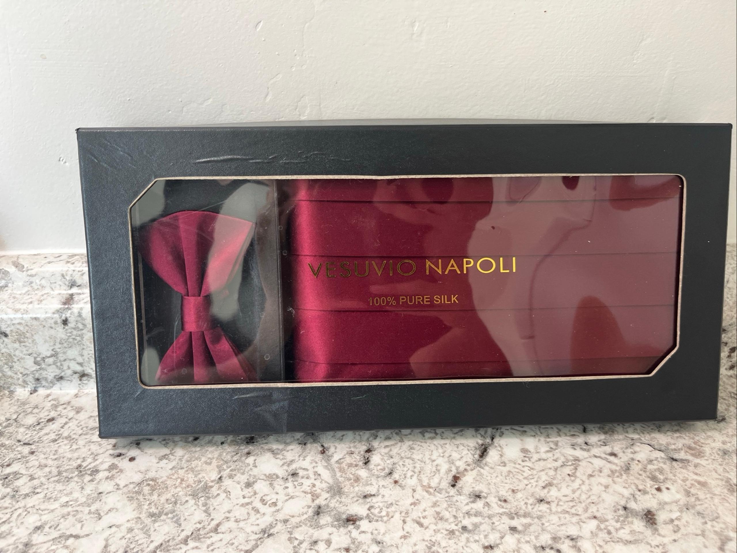 Mens Vesuvio Napoli Burgundy Silk Bow Tie With Cummerbund Set NEW