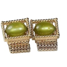 Vintage Swank 60s Cufflinks Chartreuse Green Moonglow Lucite Gold Tone Mesh Wrap