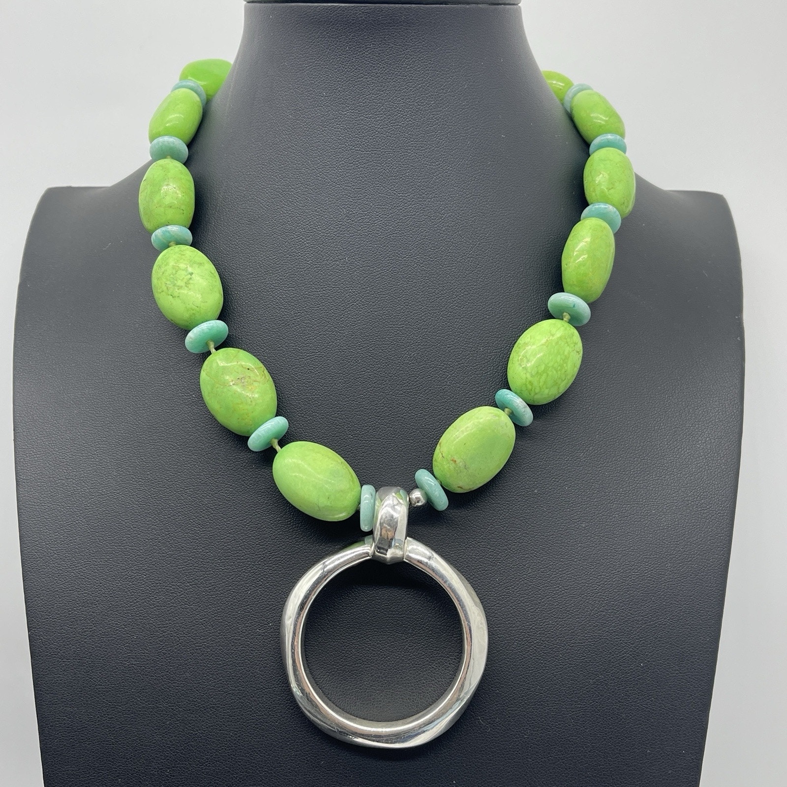 Simon Sebbag SSD Sterling Silver Circle Pendant Green Stones Statement Necklace