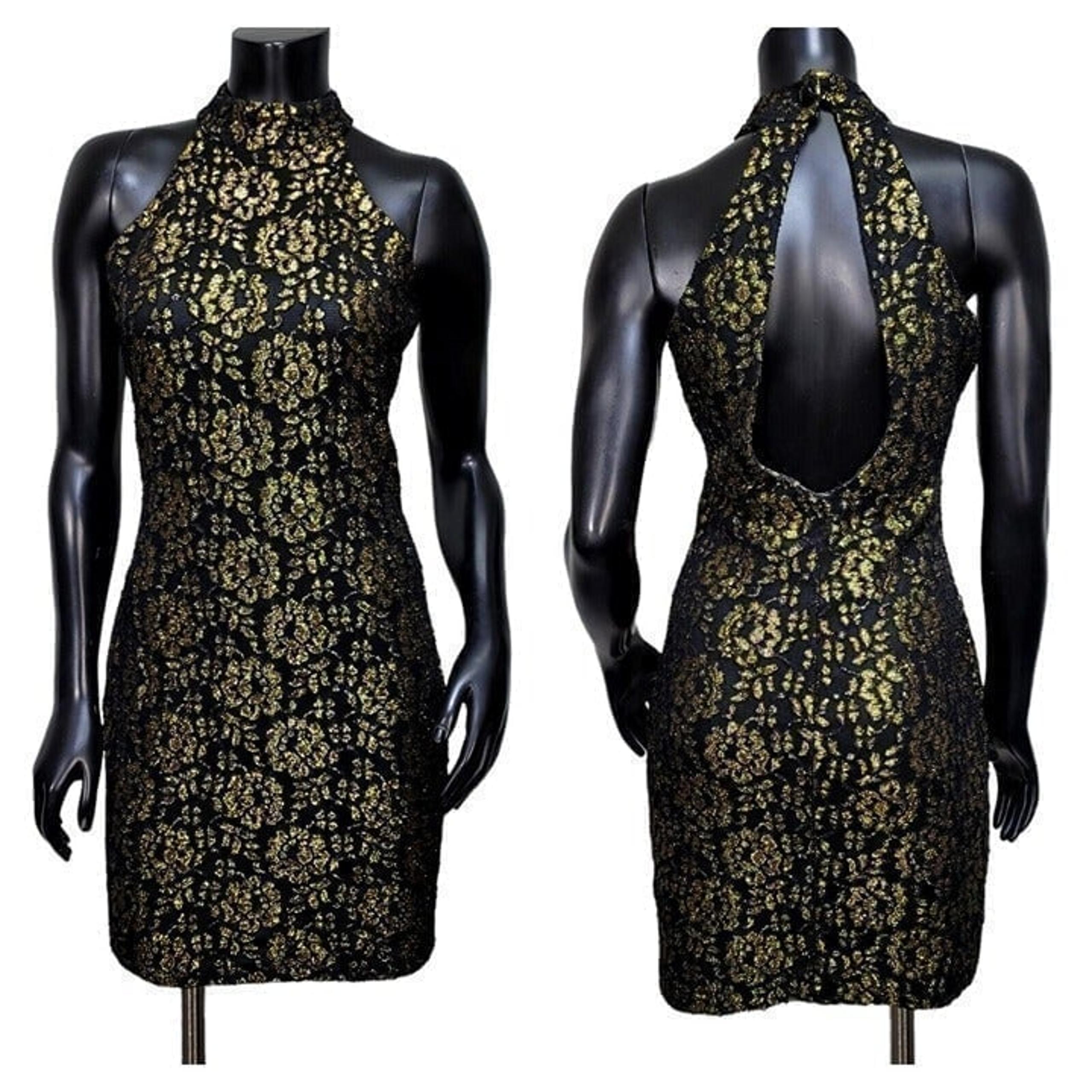 Vintage 90s Selections S/M Black Gold Stretchy Brocade Halter Mock Mini Dress