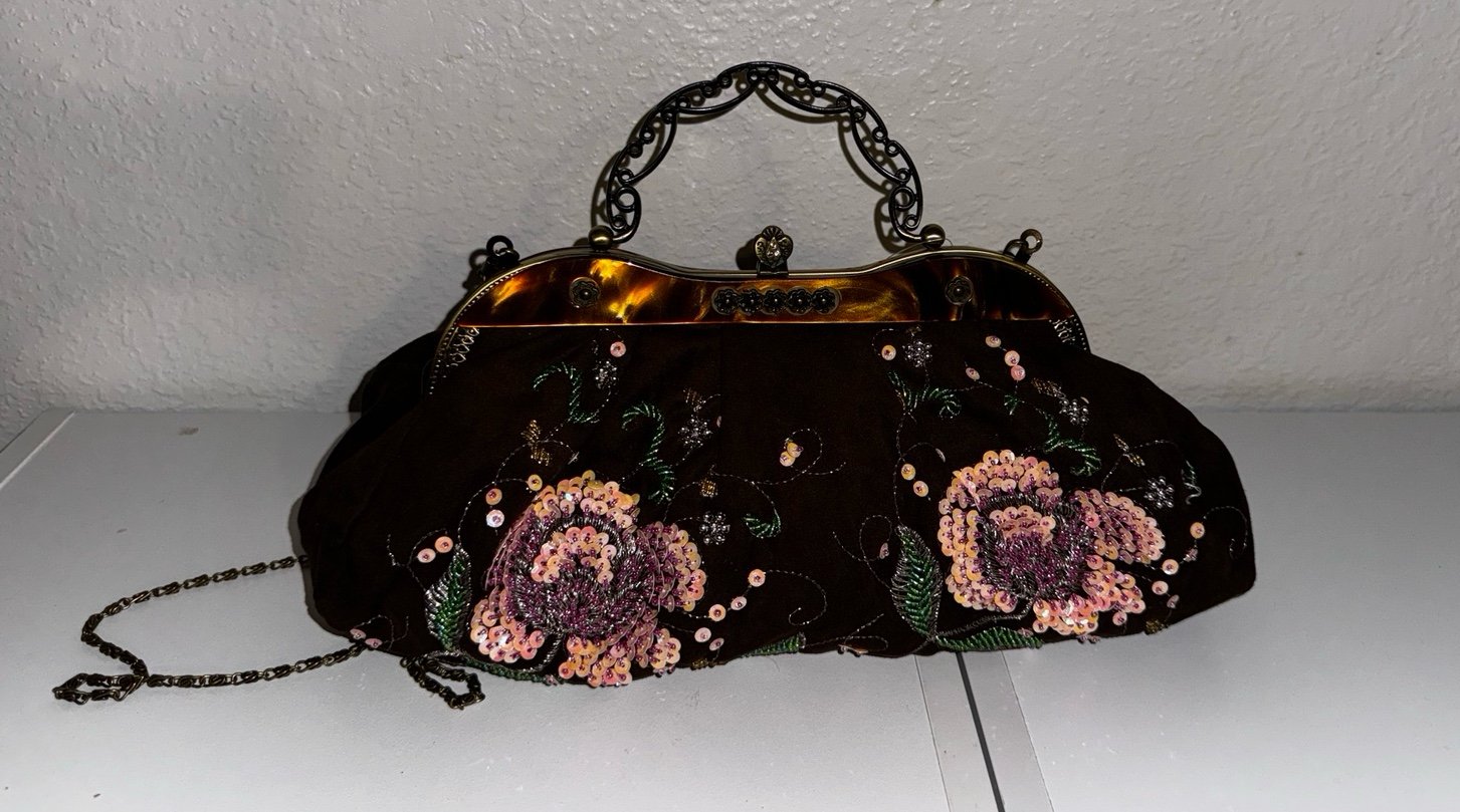 Victorian Bag Purse Beaded Flowers Metal Strap Handle Brown velvet