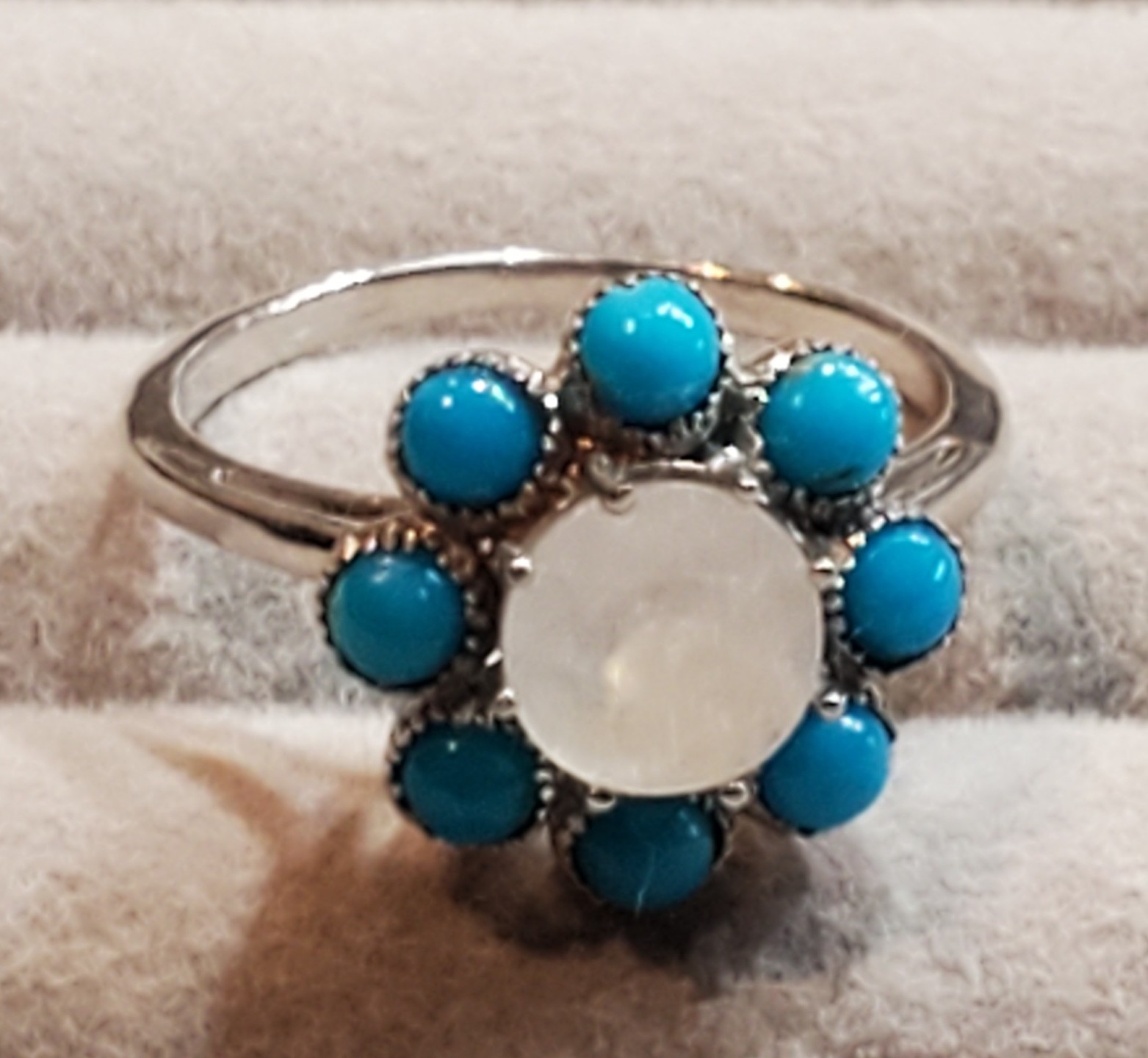 White Gold Plated Sterling Silver Moonstone & Turquoise Gemstone Flower Ring 7