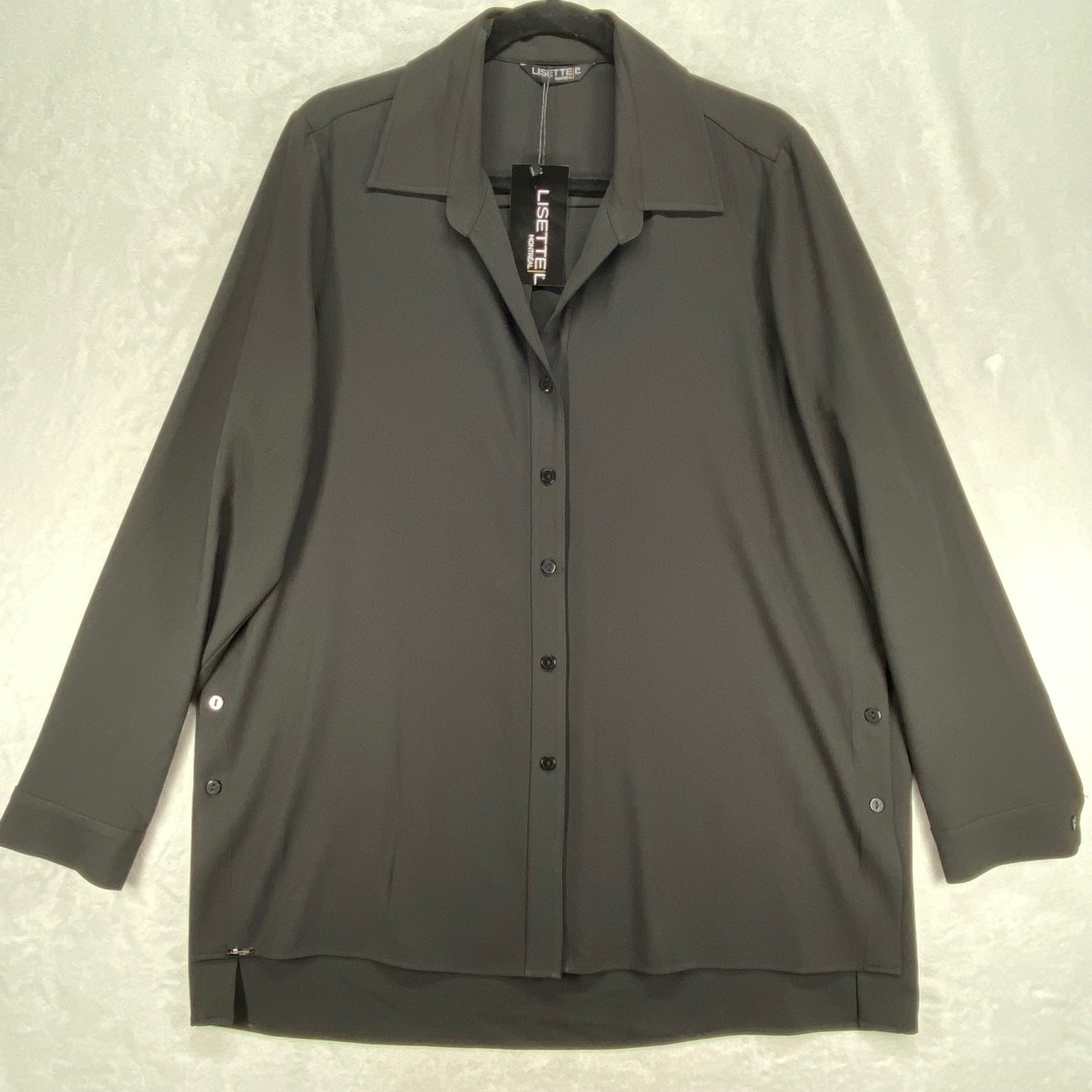 Lisette Montreal Button Down Tunic Blouse Stretch Career Top Black L